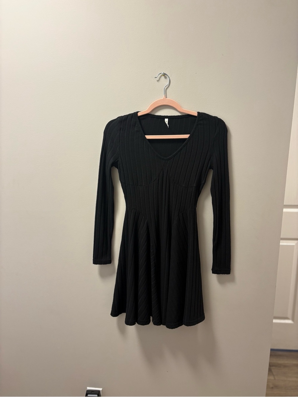 Halara Ribbed Knit V Neck Long Sleeve Flare Mini Casual Dress - Picture 3 of 7